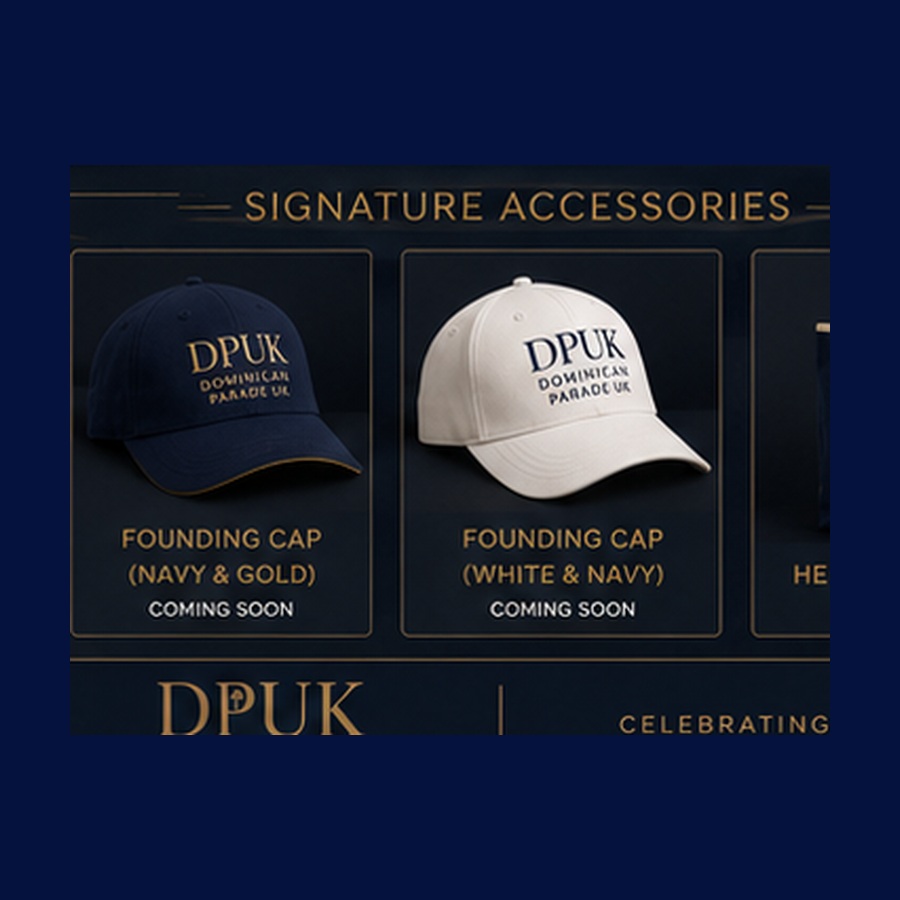 Concept visual showing proposed Dominican Parade UK navy and white caps.