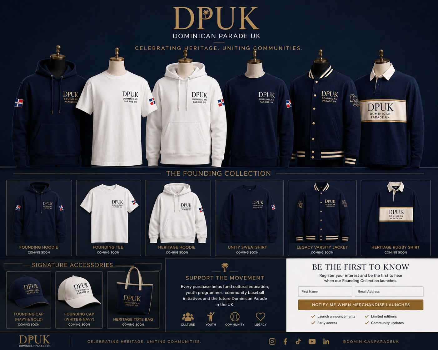 Concept artwork showing the proposed Dominican Parade UK Founding Collection, including navy and white clothing and accessories.
