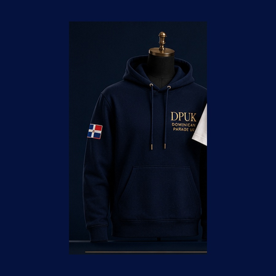 Concept visual showing proposed navy and white Dominican Parade UK hoodies.