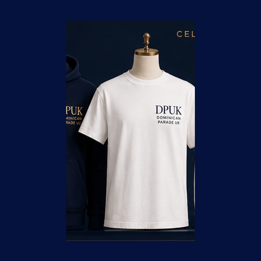 Concept visual showing a proposed white Dominican Parade UK T-shirt.