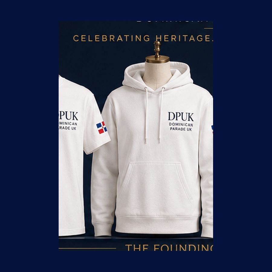 Concept visual showing a proposed white Dominican Parade UK hoodie.
