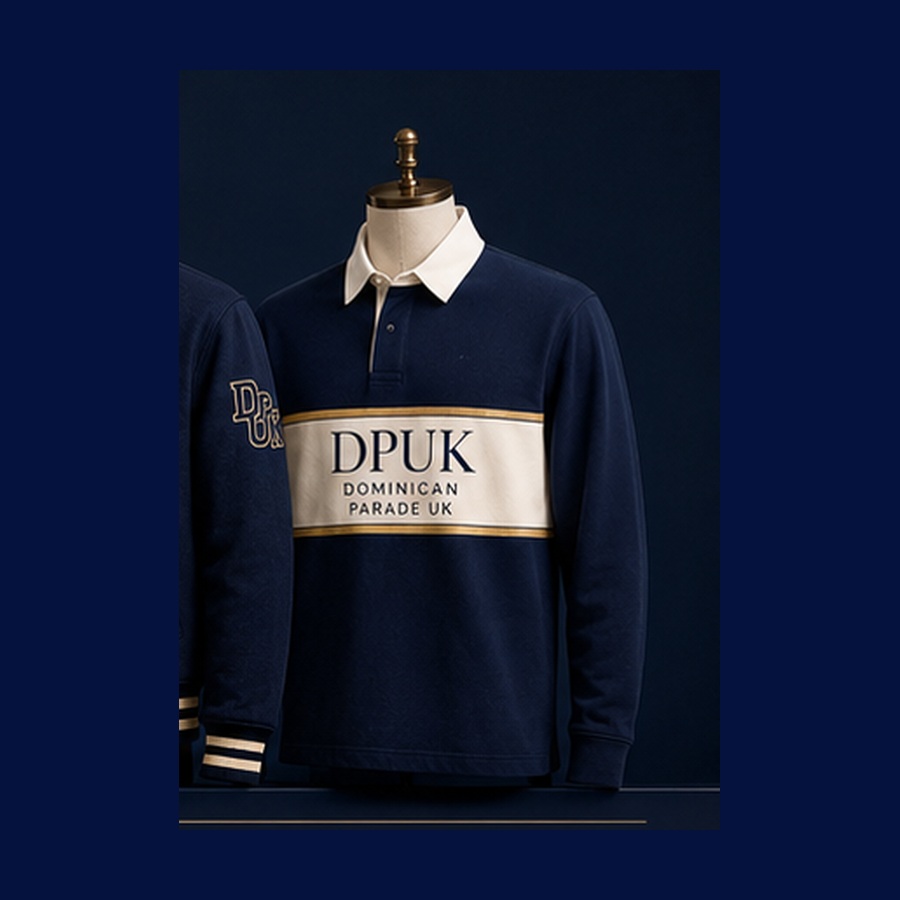 Concept visual showing a proposed navy and cream Dominican Parade UK rugby-style shirt.