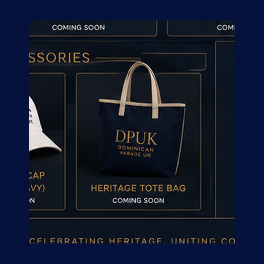 Concept visual showing a proposed navy Dominican Parade UK tote bag.
