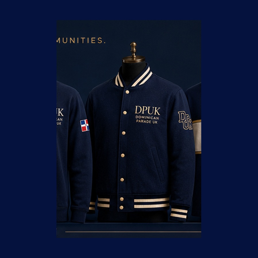 Concept visual showing a proposed navy Dominican Parade UK varsity-style jacket.