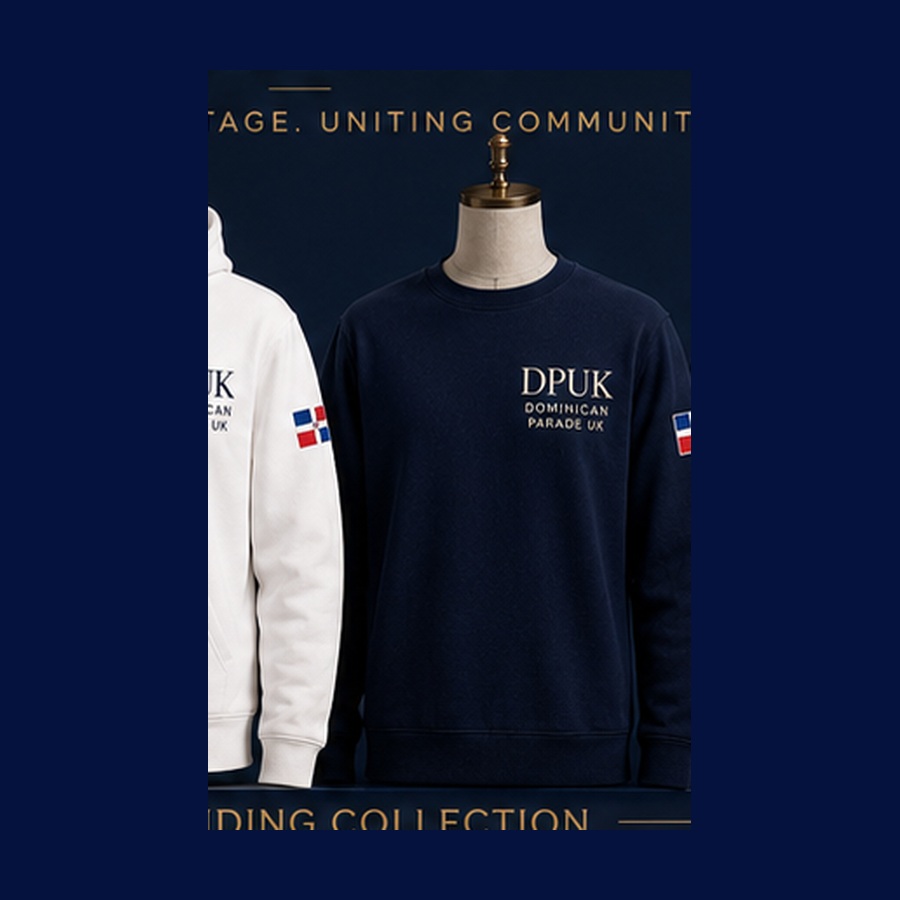 Concept visual showing a proposed navy Dominican Parade UK sweatshirt.